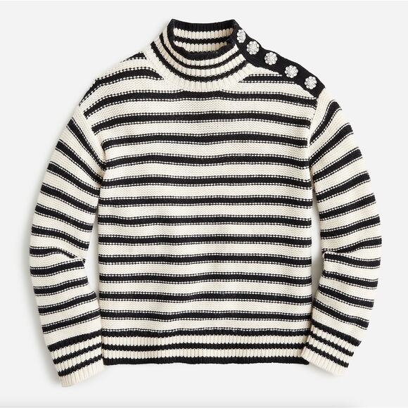 J. CREW Cable Knit Mockneck Pullover Stripe Jewel Button Black Cream Sz L {3W15} - Picture 2 of 8